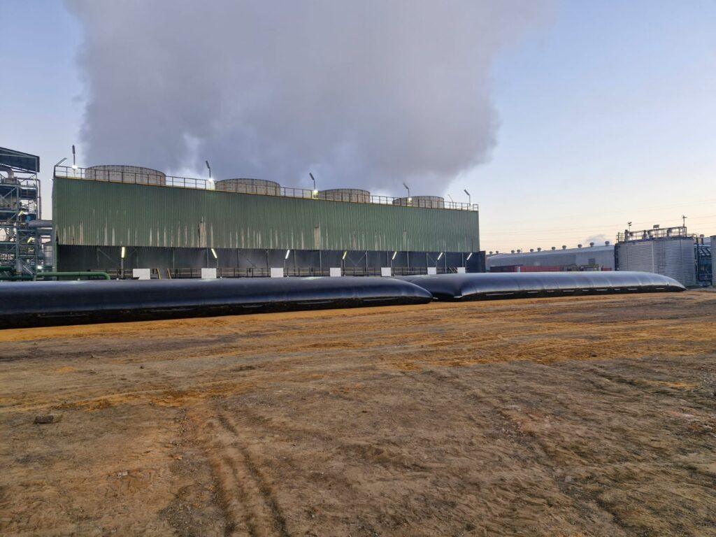 Large flexible PVC water bladder providing industrial water storage for manufacturing plants, factories and processing facilities.