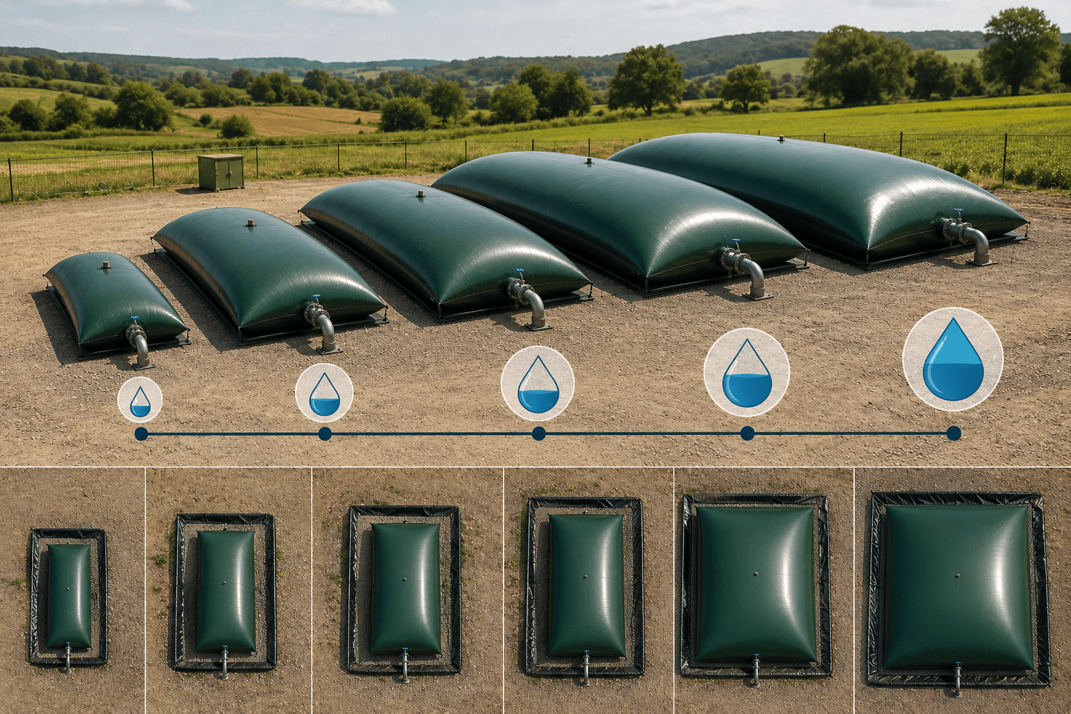 Water bladder size guide showing different flexible PVC water bladder capacities for selecting the correct storage solution.