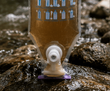 PuriBag filled with contaminated muddy water before the water purification process begins.