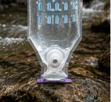 PuriBag containing crystal-clear purified drinking water after the water purification process.