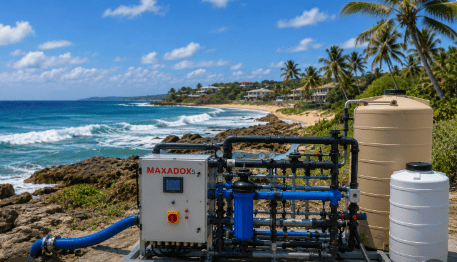 Coastal water purification system providing clean water for seaside communities and facilities.