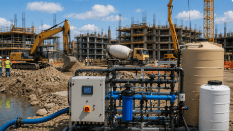 Construction site water treatment system for clean water supply and wastewater management.