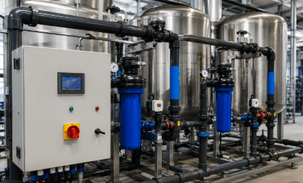 Industrial water purification system for factories and manufacturing facilities.