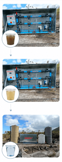 Maxadox5 industrial water purification system with treatment tanks for producing safe clean drinking water.