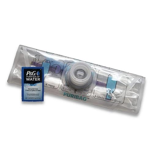 PuriBag portable water purification bag beside a freshwater stream for outdoor, emergency and humanitarian clean drinking water.
