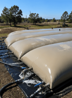 Multiple interconnected PVC water bladders filling simultaneously through a modular water storage system.