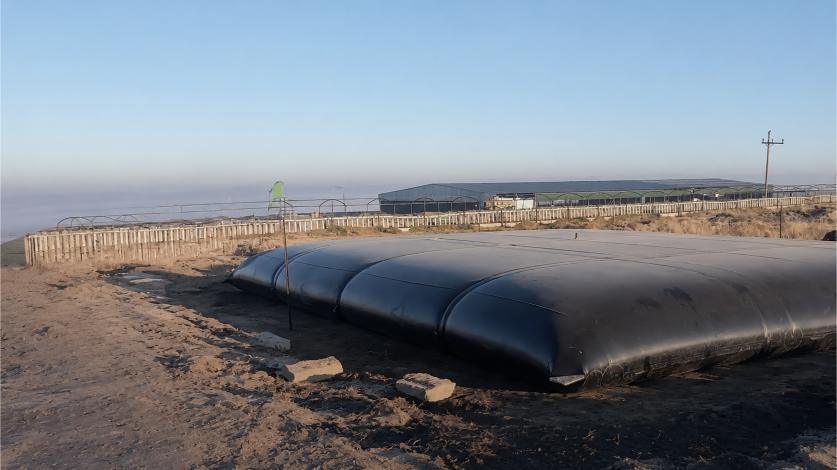 Large flexible PVC water bladder installed on a South African farm for agricultural water storage and irrigation.